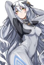  absurdres armpits arms_behind_head blush bodysuit breasts closed_mouth expressionless eyeliner female girls&#039;_frontline grey_bodysuit hashtag-only_commentary headgear highres long_hair looking_at_viewer makeup nyto_(girls&#039;_frontline) r_scrubed red_eyeliner simple_background solo tareus_(girls&#039;_frontline) white_background white_hair yellow_eyes 