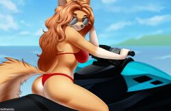  2024 absurd_res alexis_akira_foxx anthro bikini brown_body brown_hair canid canine clothing digital_media_(artwork) eyewear female fluffy fluffy_tail fox glasses hair hi_res jetski long_hair looking_back looking_down mammal red_bikini red_clothing red_swimwear redmn sea shaded shaded_line_art sitting solo summer sunglasses swimwear tail two-piece_swimsuit water 