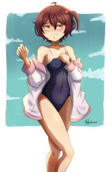  absurdres angelox27 artist_name blush breasts brown_eyes brown_hair day female hair_between_eyes hair_bobbles hair_ornament highres jacket jacket_partially_removed komari_chika make_heroine_ga_oo_sugiru! navel one-piece_swimsuit outdoors small_breasts solo standing swimsuit 