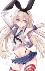  absurdres anchor_hair_ornament black_neckerchief black_panties blonde_hair elbow_gloves female gloves grey_eyes hair_between_eyes hair_ornament hairband highleg highleg_panties highres hizaka horizontal-striped_thighhighs kantai_collection long_hair looking_at_viewer microskirt navel neckerchief one-hour_drawing_challenge open_mouth panties sailor_collar school_uniform serafuku shimakaze_(kancolle) simple_background skirt solo striped_clothes striped_thighhighs thighhighs twitter_username underwear white_background white_gloves 