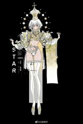  black_background blue_eyes breasts crown earrings female flower_panties grey_hair high_heels highres jewelry long_hair medium_breasts no_bra no_pants original ring s_xing_guowang thighhighs very_long_hair 