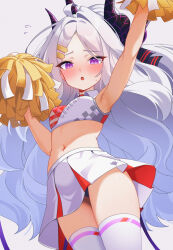  absurdres arm_up armpits blue_archive blush breasts cheerleader female flying_sweatdrops hair_ornament hairclip highres hina_(blue_archive) horns karaage_(xxxmido02) long_hair looking_at_viewer midriff open_mouth panties pantyshot parted_bangs pom_pom_(cheerleading) purple_eyes simple_background skirt sleeveless small_breasts solo thighhighs underwear very_long_hair white_background white_hair white_thighhighs 