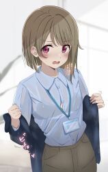  absurdres blue_jacket blue_shirt blurry blurry_background blush bra_visible_through_clothes breasts brown_hair brown_pants commentary_request female flat_chest highres ikesho0612 jacket lanyard looking_at_viewer love_live! love_live!_nijigasaki_high_school_idol_club nakasu_kasumi off_shoulder open_clothes open_jacket open_mouth pants red_eyes revision shirt short_hair small_breasts solo sweat translation_request upper_body 