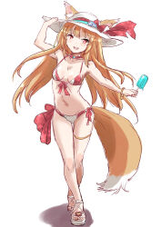  animal_ears bikini breasts brown_hair commentary_request female food fox_ears fox_tail front-tie_bikini_top front-tie_top fuji_(pixiv24804665) full_body hat highres long_hair original popsicle red_eyes side-tie_bikini_bottom simple_background small_breasts smile solo sun_hat swimsuit tail toeless_footwear two-tone_bikini white_background white_hat 