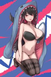  :p animal_costume black_bra black_hair black_panties bra breasts brown_thighhighs collarbone colored_inner_hair commentary_request ellen_joe female fins fish_tail hair_ornament highres korean_commentary large_breasts looking_at_viewer multicolored_hair navel panties red_eyes red_hair shark_costume shark_girl shark_tail short_hair skyhood solo tail thighhighs thighs tongue tongue_out underwear x_hair_ornament zenless_zone_zero 