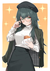  blush female food gakuen_idolmaster glasses green_eyes green_hair green_jacket green_skirt high-waist_skirt highres holding holding_food idolmaster jacket jacket_on_shoulders long_sleeves looking_at_viewer oregano_(olgn_eao) ribbed_sweater round_eyewear skirt smile solo sweater tsukimura_temari yellow_background 