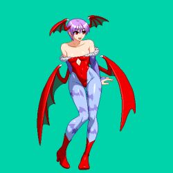  :d animal_print aoi_ship bat_print breasts bridal_gauntlets collarbone commentary_request covered_navel darkstalkers demon_girl demon_wings female full_body green_background head_wings high_heels leotard lilith_(darkstalkers) low_wings pantyhose pixel_art purple_hair red_eyes short_hair small_breasts smile solo standing standing_on_one_leg variant_set very_short_hair wings 