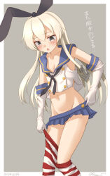  anchor_hair_ornament black_hairband black_neckerchief blonde_hair blue_sailor_collar blue_skirt breasts commentary_request crop_top elbow_gloves female gloves grey_eyes hair_ornament hairband kantai_collection long_hair loose_clothes microskirt miniskirt neckerchief one-hour_drawing_challenge pleated_skirt ray.s sailor_collar shimakaze_(kancolle) shirt skirt sleeveless sleeveless_shirt small_breasts solo striped_clothes striped_thighhighs thighhighs translated white_gloves 