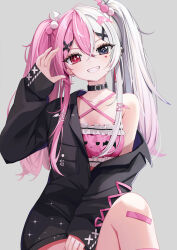  aspira_project bandaid bandaid_on_leg bandeau black_choker black_coat breasts choker coat collarbone commentary ear_piercing english_commentary fangs female frilled_bandeau grey_background grey_eyes grey_hair hair_between_eyes hair_ornament hand_up head_tilt heart heart_tattoo heterochromia highres ikazu401 kyura_veronica long_hair long_sleeves looking_at_viewer mismatched_pupils multicolored_hair piercing pink_bandeau pink_hair pocket red_eyes sidelocks single_off_shoulder sleeves_past_wrists small_breasts smile solo split-color_hair streaked_hair symbol-shaped_pupils tattoo twintails virtual_youtuber x_hair_ornament 