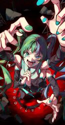  3girls ? absurdres ambiguous_red_liquid aqua_eyes aqua_hair arm_tattoo arms_up black_sleeves blue_nails chinese_text crying crying_with_eyes_open detached_sleeves green_nails hair_between_eyes hair_ornament hatsune_miku heterochromia highres kobacha_(ochakoba) long_hair multicolored_hair multiple_girls nail_polish necktie number_tattoo own_hands_together red_circle rubble simple_background solo tattoo tears twintails very_long_hair vocaloid 