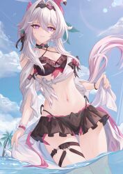  absurdres bikini bikini_skirt black_bikini blackheart` blue_sky breasts chinese_commentary commentary_request female hair_intakes highres honkai_(series) honkai_impact_3rd long_hair medium_breasts multicolored_hair navel official_alternate_costume outdoors palm_tree partially_submerged purple_eyes purple_hair sky smile solo stomach swimsuit thelema_nutriscu thelema_nutriscu_(roseate_summer) thigh_strap thighs tree two-tone_hair very_long_hair white_hair 