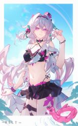  absurdres bikini bikini_skirt black_bikini blue_sky border breasts female hair_intakes highres honkai_(series) honkai_impact_3rd long_hair looking_at_viewer medium_breasts meirong multicolored_hair navel outdoors purple_eyes purple_hair sky solo stomach swimsuit thelema_nutriscu thelema_nutriscu_(roseate_summer) thighs two-tone_hair very_long_hair white_border white_hair 