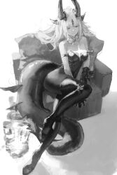  absurdres arknights bare_shoulders boots breasts commentary couch detached_collar dragon_girl dragon_horns dragon_tail female gandy_(gan3e46) greyscale highres horns knee_boots leotard light_in_heart long_hair looking_at_viewer medium_breasts monochrome playboy_bunny reed_(arknights) simple_background sitting smile solo strapless strapless_leotard tail thigh_boots thighhighs white_background 