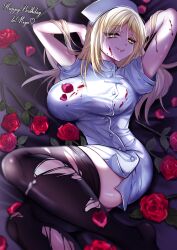  absurdres arms_behind_head black_thighhighs blonde_hair blood blood_on_clothes blood_on_face breasts buttons closed_mouth dress eyelashes female flower gushagusha5 happy_birthday hat heart highres higurashi_no_naku_koro_ni large_breasts long_hair nurse nurse_cap petals red_flower red_rose rose short_sleeves smile solo takano_miyo thighhighs torn_clothes torn_thighhighs white_dress yellow_eyes 