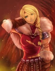  absurdres arm_behind_head arm_wrap armor astrid_hofferson belt blonde_hair blood blue_eyes braid breasts cape cowboy_shot embers english_commentary female fur_cape fur_trim hair_over_shoulder hair_tie highres how_to_train_your_dragon_(series) long_hair looking_at_viewer medium_breasts midriff mixed-language_commentary navel navel_peek pauldrons red_shirt shirt shoulder_armor signature simple_background single_braid smile solo spanish_commentary studded_skirt torn_clothes yasasu 