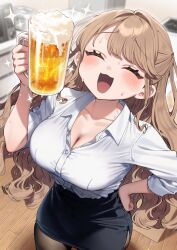  :3 :d ^_^ absurdres alcohol beer beer_mug black_pantyhose blush breasts brown_hair cleavage closed_eyes collarbone cup female half_updo highres holding holding_cup indoors kodama&#039;s_elder_sister_(sakura_yuki) large_breasts long_hair mug open_mouth original pantyhose pencil_skirt sakura_yuki_(clochette) shirt side_slit skirt smile solo white_shirt wooden_floor 