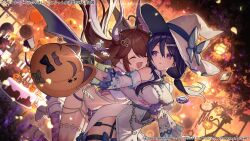  2girls :d ^_^ ahoge ankle_boots argyle_clothes argyle_thighhighs assault_lily balloon bare_shoulders bikini black_thighhighs blue_bow blue_gemstone blurry blurry_background boots bottle bow breasts brown_hair cake candy chains checkerboard_cookie closed_eyes commentary_request cookie cup demon_costume demon_horns demon_tail demon_wings detached_collar detached_sleeves dress dutch_angle fake_horns fake_tail fake_wings falling_petals floating_hair food fur-trimmed_sleeves fur_trim garter_straps gem hair_between_eyes hair_ornament halloween halloween_bucket halloween_costume hand_up hands_up hat hat_bow heart heart_ahoge heart_hair_ornament high_heel_boots high_heels holding horns hug hug_from_behind jack-o&#039;-lantern jewelry lantern light_blush long_hair long_sleeves looking_at_another looking_to_the_side low_twintails medium_breasts midair multiple_girls necklace official_alternate_costume official_art open_mouth outdoors parted_lips pelvic_curtain petals purple_eyes purple_hair purple_thighhighs sacanahen saucer sleeveless sleeveless_dress smile standing swimsuit table tail takasuga_tsukushi teacup thigh_bow thighhighs twintails two-tone_thighhighs watanabe_akane watermark white_bikini white_dress white_footwear white_thighhighs wings witch_hat 