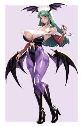  animal_print bare_shoulders bat_print black_footwear black_wings bodysuit boots breasts cleavage closed_mouth collarbone darkstalkers demon_girl demon_wings female full_body green_eyes green_hair head_wings highleg highres large_breasts leotard long_hair looking_at_viewer low_wings morrigan_aensland pantyhose print_pantyhose purple_background purple_pantyhose skin_tight solo standing two-tone_background volyz white_background wings 