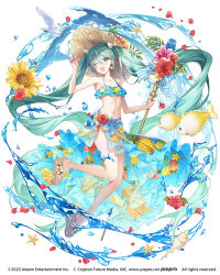  2022 ;d aqua_eyes banana bikini bird copyright_name earrings female fish flower food food-themed_earrings footwear_flower frilled_bikini_top fruit fruit_print full_body green_hair hair_ornament hat hatsune_miku hatsune_miku_-tap_wonder- hibiscus highres holding jewelry lemon lemon_earrings maro_(nikeneko523) microphone official_art one_eye_closed petals pineapple pink_flower print_bikini red_flower sandals shell shure_55sh simple_background smile solo star_(symbol) star_hair_ornament straw_hat sunflower swimsuit toeless_legwear tongue vocaloid water white_background yellow_flower 