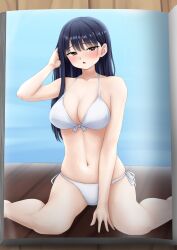  :o bikini blue_hair blush boku_no_kokoro_no_yabai_yatsu breasts brown_eyes collarbone dark_blue_hair feet_out_of_frame female front-tie_bikini_top front-tie_top hand_in_own_hair highres large_breasts long_hair looking_at_viewer magazine_(object) navel open_magazine otsukanolich side-tie_bikini_bottom sitting solo swimsuit wariza white_bikini yamada_anna 