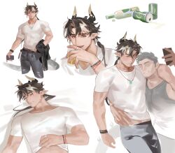  2boys absurdres alcohol arknights bara beer_can brown_hair can chong_yue_(arknights) closed_eyes code2_ip commentary denim dragon_boy dragon_horns dragon_tail drink_can drunk highres horns jeans long_hair looking_at_viewer low_ponytail lying male_focus multiple_boys multiple_views on_back pants pointy_ears red_eyes shirt sleeping tail toned toned_male white_shirt 