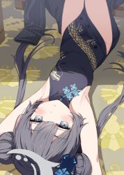  absurdres armpits bare_arms black_dress blue_archive blush braid braided_bun breasts butterfly_hair_ornament china_dress chinese_clothes coat double_bun dragon_print dress female grey_coat grey_eyes grey_hair grey_halo hair_bun hair_ornament halo highres jacket kisaki_(blue_archive) lying on_back on_floor pelvic_curtain pinstripe_jacket pinstripe_pattern print_dress seero small_breasts solo striped_clothes striped_jacket vertical-striped_clothes vertical-striped_jacket 