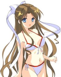  bikini blue_eyes bow brown_hair commentary_request farland_saga female front-tie_bikini_top front-tie_top hair_ribbon hairbow karin_(farland_saga) long_hair navel open_mouth ribbon side-tie_bikini_bottom smile solo swimsuit upper_body very_long_hair white_bikini white_bow white_ribbon yamamoto_kazue 