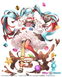  2023 aqua_eyes aqua_hair asymmetrical_legwear breasts brown_footwear brown_gloves brown_hair candy chocolate collar colored_inner_hair copyright_name detached_collar detached_sleeves dress female food gloves hair_between_eyes hatsune_miku hatsune_miku_-tap_wonder- heart highres holding holding_whisk logo long_hair mismatched_legwear multicolored_hair nemusuke official_art red_hair red_thighhighs simple_background sleeveless sleeveless_dress solo star_(symbol) thighhighs tongue tongue_out twintails very_long_hair vocaloid whisk white_background white_collar white_headdress wrapped_candy yellow_thighhighs 