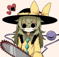  :3 black_eyes black_hat blood blood_on_weapon blood_stain blush blush_stickers buttons chainsaw crossed_bangs diamond_(shape) diamond_button empty_eyes female frilled_shirt_collar frills green_hair hair_between_eyes hat heart highres holding holding_chainsaw holding_weapon komeiji_koishi long_hair long_sleeves ribbon shirt simple_background smile solo third_eye touhou weapon yellow_ribbon yellow_shirt zunusama 