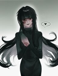  black_dress black_eyes black_hair blood blood_on_face blood_on_hands breasts chinese_commentary chuibaolaosiwuwuwu colored_extremities commentary_request dress female gradient_background green_eyes heart heterochromia highres long_hair long_sleeves medium_breasts naihe_(female)_(touqi_guaitan) open_mouth own_hands_together palms_together sidelocks smile solo speech_bubble spoken_heart touqi_guaitan turtleneck turtleneck_dress upper_body variant_set 