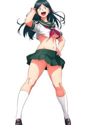  breasts cropped_shirt female green_hair green_sailor_collar green_serafuku green_skirt hand_in_own_hair hand_on_own_hip highres large_breasts long_hair looking_at_viewer lv1_maou_to_one_room_yuusha maou_(lv1_maou_to_one_room_yuusha) miniskirt navel neckerchief open_mouth pleated_skirt red_eyes red_neckerchief sailor_collar school_uniform serafuku short_sleeves simple_background skirt solo standing thighhighs thighs underboob watanabe_yoshihiro white_background white_thighhighs 