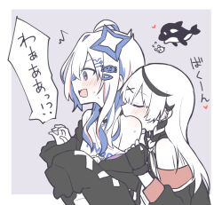  2girls @_@ amane_kanata biting_shoulder black_gloves black_hair black_jacket blue_eyes blue_hair blush closed_eyes commentary_request ear_piercing gloves hair_ornament hitsuji_nata hololive jacket long_hair multicolored_hair multiple_girls open_mouth orca piercing sakamata_chloe shirt speech_bubble star_(symbol) star_hair_ornament streaked_hair sweat sweatdrop translation_request virtual_youtuber white_hair white_shirt yuri 