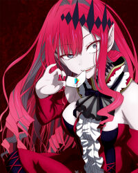  baobhan_sith_(fate) baobhan_sith_(first_ascension)_(fate) bare_shoulders biting breasts crazy_eyes detached_sleeves dress fangs fate/grand_order fate_(series) female frilled_dress frills gift_card google_play grey_eyes hair_ornament hand_up hasebe_akira highres long_hair looking_at_viewer pale_skin pink_hair pink_nails pointy_ears red_background red_dress sidelocks smile solo vampire 