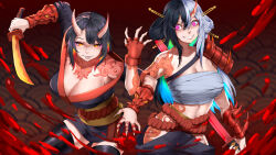  2girls absurdres armor bandages black_hair black_kimono black_thighhighs blood breasts chest_sarashi cleavage eyeshadow fingerless_gloves gloves grey_hair highres holding holding_sword holding_weapon horns japanese_clothes kagurachi katana kimono large_breasts makeup midriff multicolored_hair multiple_girls obi orange_eyes original purple_eyes red_gloves sarashi sash short_hair short_sleeves shoulder_armor shoulder_tattoo split-color_hair strapless sword tattoo thighhighs tomoe_(kagurachi) tube_top weapon yellow_sash 