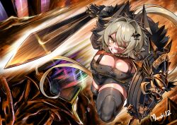  absurdres artist_name black_horns black_thighhighs breasts caesar_king_(zenless_zone_zero) cleavage clenched_teeth female green_hair highres holding holding_shield holding_sword holding_weapon horns large_breasts looking_at_viewer maaki12 shield solo sword teeth thighhighs weapon yellow_eyes zenless_zone_zero 