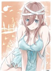  bandaged_head bandaged_leg bandages bare_shoulders blue_chemise blue_eyes blush breasts brown_hair chemise cleavage closed_mouth female go-toubun_no_hanayome hair_between_eyes highres large_breasts lingerie long_hair long_hair_between_eyes looking_at_viewer mitsugu nakano_miku signature solo torn_clothes underwear 