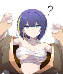  ? blue_eyes blue_hair breasts chest_sarashi cleavage earrings female grabbing_another&#039;s_hand hair_ornament highres japanese_clothes jewelry loose_bandages morfoniki multicolored_hair navel pov puzzle_&amp;_dragons sarashi seina_(p&amp;d) short_hair simple_background single_earring streaked_hair white_background 