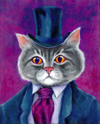  2018 acrylic_painting_(artwork) anthro blue_clothing blue_hat blue_headwear blue_suit blue_top_hat bust_portrait clothed clothed_anthro clothed_male clothing colored domestic_cat dress_shirt english_description felid feline felis front_view fur grey_body grey_fur hat headgear headwear light lighting looking_at_viewer male male_anthro mammal multicolored_body multicolored_fur necktie orange_eyes pink_inner_ear pink_nose poopbear portrait purple_background purple_necktie shaded shirt simple_background solo suit top_hat topwear traditional_media_(artwork) whiskers white_dress_shirt 