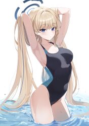  absurdres alternate_costume arms_behind_head black_one-piece_swimsuit blonde_hair blue_archive blue_eyes blue_halo blush breasts closed_mouth commentary_request cosplay female hair_intakes halo highres long_hair looking_at_viewer medium_breasts nannung one-piece_swimsuit shiroko_(blue_archive) shiroko_(blue_archive)_(cosplay) shiroko_(swimsuit)_(blue_archive) solo swimsuit thighs toki_(blue_archive) very_long_hair wading water 