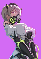  black_gloves breasts brown_hair detached_sleeves dress elbow_gloves female gloves gotointhepark hair_over_one_eye honkai_(series) honkai_impact_3rd large_breasts looking_at_viewer pink_background pink_eyes puffy_sleeves rita_rossweisse rita_rossweisse_(phantom_iron) simple_background solo upper_body white_dress white_sleeves 