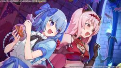  2girls :d arm_garter assault_lily bag bare_shoulders bat_(animal) black_ribbon blue_bow blue_dress blue_eyes blue_fire blue_hair blurry blurry_background blush bow braid breasts brown_gloves candy claw_pose cleavage cleavage_cutout clothing_cutout commentary_request crop_top dress dungeon elbow_gloves endou_araya fire food frilled_dress frills gloves hair_ornament hairband hairbow hairpods half-closed_eyes halloween halloween_costume halter_shirt halterneck hands_up heart heart_cutout heart_hair_ornament holding holding_bag indoors jewelry kabu_(niniko2ko) long_hair looking_ahead looking_to_the_side medium_breasts midriff mori_tatsuki multiple_girls neck_ribbon necklace oerba_yun_fang official_alternate_costume official_art open_mouth pennant pink_hair puffy_short_sleeves puffy_sleeves purple_eyes red_eyes red_hairband red_shirt ribbon shirt short_sleeves sleeveless sleeveless_shirt smile string_of_flags twin_braids two-tone_dress upper_body v-shaped_eyebrows very_long_hair watermark white_dress 