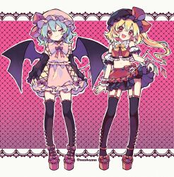  2girls :d ;) bat_wings black_hat black_thighhighs blonde_hair blue_hair blush bow bow_legwear bowtie commentary_request crop_top detached_sleeves flandre_scarlet full_body hat hat_bow heart heart-shaped_pupils highres kyouda_suzuka midriff mob_cap multiple_girls navel one_eye_closed one_side_up open_mouth pink_hat pink_shirt pink_skirt platform_footwear purple_bow purple_bowtie purple_footwear red_bow red_eyes red_footwear red_shirt red_skirt remilia_scarlet shirt siblings sisters skirt smile symbol-shaped_pupils thighhighs touhou twitter_username wings wrist_cuffs yellow_bow yellow_bowtie 