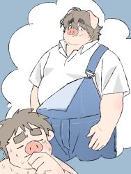  2024 anthro bodily_fluids closed_eyes clothing domestic_pig hi_res inunoshippo kemono male mammal overalls overweight overweight_male shirt simple_background solo suid suina sus_(pig) sweat topwear 