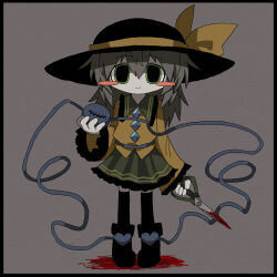  black_border black_footwear black_hat black_socks black_thighhighs blood blood_on_weapon blood_splatter blood_stain blush_stickers boots border buttons closed_mouth diamond_(shape) diamond_button dilated_pupils empty_eyes female frilled_shirt frilled_shirt_collar frilled_skirt frilled_sleeves frills full_body green_eyes green_skirt grey_background grey_hair hair_between_eyes hand_up hat hat_ribbon heart heart_button highres holding holding_eye holding_scissors jaggy_lines koishi_komeiji&#039;s_heart-throbbing_adventure komeiji_koishi long_hair long_sleeves looking_at_viewer pale_skin pigeon-toed pleated_skirt ribbon scissors shaded_face shirt simple_background skirt sleeves_past_wrists smile socks solo standing stitched_eye stitches thighhighs third_eye touhou weapon yellow_ribbon yellow_shirt zunusama 