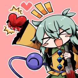  &gt;_&lt; :d arm_up blood blood_on_hands blood_on_knife blood_stain blush_stickers buttons diamond_(shape) diamond_button female frilled_shirt frilled_shirt_collar frilled_sleeves frills green_hair green_skirt hair_between_eyes happy heart highres holding holding_heart holding_knife holding_weapon knife komeiji_koishi long_hair long_sleeves no_headwear notice_lines oerba_yun_fang open_mouth outline pink_background reverse_grip shirt simple_background skirt sleeves_past_wrists smile solo third_eye touhou weapon white_outline wide_sleeves yellow_shirt zunusama 