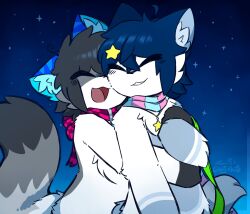  2024 black_hair blue_hair closed_eyes domestic_cat felid feline felis fur hair hi_res hug hugging_another hugging_from_behind jewelry kemono lotsoflatte mammal necklace slim_anthro slim_male star_pin white_body white_fur 