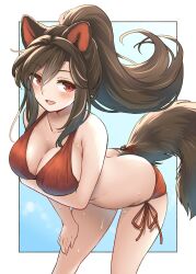  alternate_costume alternate_hairstyle animal_ears bikini blush breasts brown_hair cleavage commentary_request female high_ponytail highres imaizumi_kagerou leaning_forward long_hair looking_at_viewer open_mouth ponytail red_bikini red_eyes smile solo sweat swimsuit tail touhou wolf_ears wolf_girl wolf_tail yudepii 