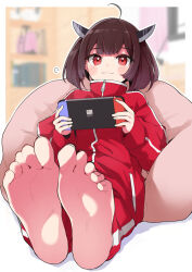  ahoge alternate_costume barefoot bean_bag_chair blurry blurry_background blush_stickers brown_hair closed_mouth double-parted_bangs feet female foot_focus foreshortening full_body goten_(510gensoku) handheld_game_console hands_up highres holding holding_handheld_game_console horns indoors jacket long_sleeves looking_at_viewer medium_hair nintendo_switch red_eyes red_jacket red_track_suit sitting smile soles solo toenails toes touhoku_kiritan voiceroid 