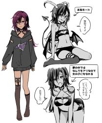  1boy absurdres arm_cutout asazuki_norito asymmetrical_legwear bent_over bikini black_hoodie breasts cleavage cleavage_cutout clothing_cutout commentary_request cross-laced_clothes dark-skinned_female dark-skinned_male dark_skin demon_boy demon_horns demon_tail demon_wings dual_persona female flat_chest highres hood hoodie horns long_hair o-ring o-ring_top original otoko_no_ko over-kneehighs purple_hair red_eyes single_over-kneehigh single_thighhigh sitting small_breasts smile swimsuit tail thigh_strap thighhighs tongue tongue_out translation_request wariza wings 