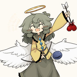  angel angel_wings arm_up arrow_(projectile) blood blood_on_weapon blood_splatter blood_stain blush bow_(weapon) buttons closed_eyes diamond_(shape) diamond_button facing_viewer feathered_wings female green_hair green_skirt hair_between_eyes halo heart highres holding holding_arrow holding_bow_(weapon) holding_weapon komeiji_koishi long_sleeves medium_hair no_headwear oerba_yun_fang shirt simple_background skin_fang skirt sleeves_past_wrists smile solo stab third_eye touhou weapon white_wings wide_sleeves wings yellow_shirt zunusama 